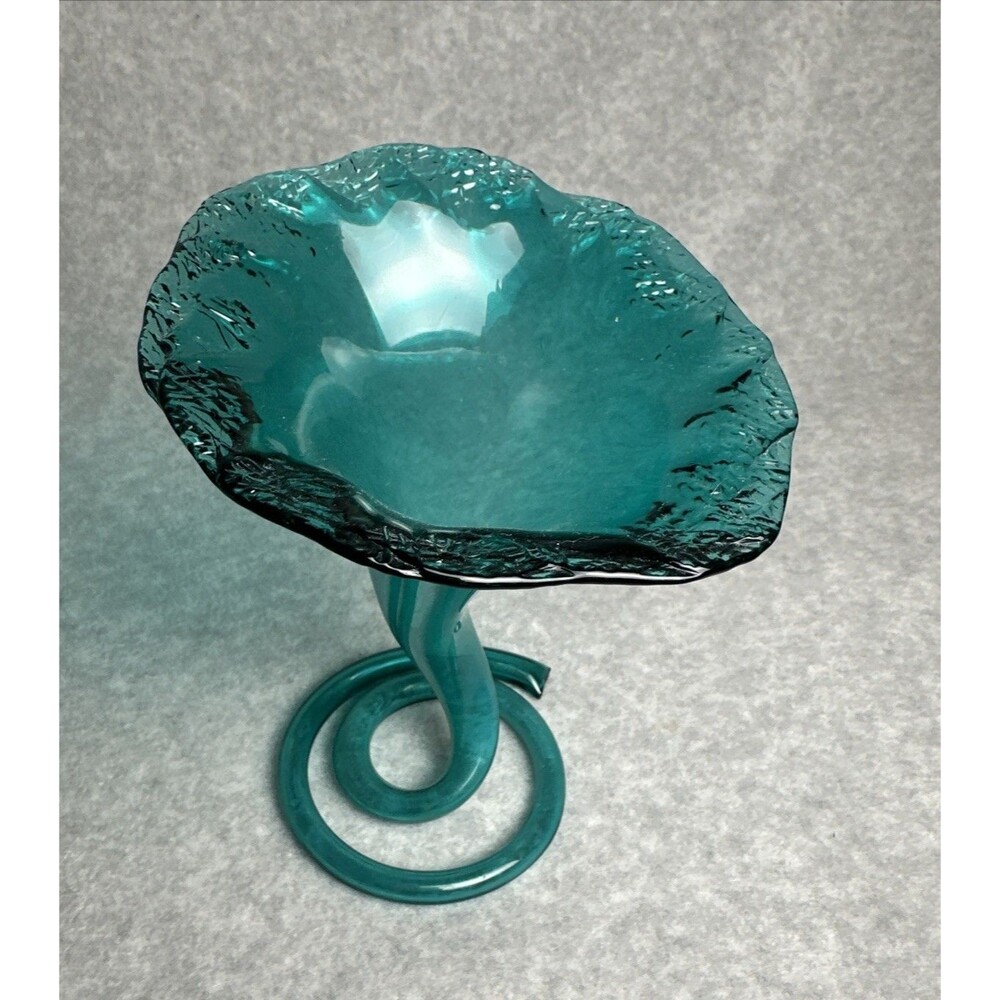 Mid-Century Aqua Glass Tulip Trumpet Vase Spiral Coiled Base Hand Blown 8"
